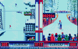 Winter Supersports 92 (Atari ST) screenshot: The opposite racer is waiting in the final area while I am disgracing myself with a large audience