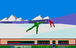 Winter Supersports 92 (Atari ST) screenshot: Although my green man looks very dynamic, the red competitor is ahead