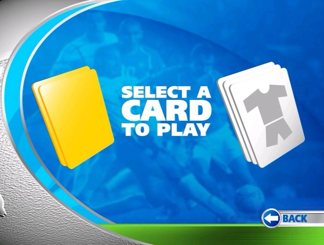 2006 FIFA World Cup (DVD Player) screenshot: Playing the game: The player has two yellow cards, that eliminate one of the possible answers, and three substitution cards that change the question
