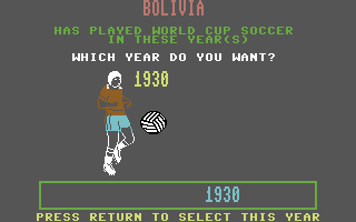 World Cup Soccer (Commodore 64) screenshot: Which world Cup?