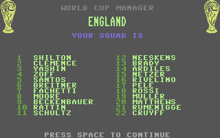 World Cup Soccer (Commodore 64) screenshot: Your Squad.