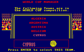World Cup Soccer (Amstrad CPC) screenshot: Choose your team.