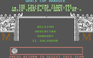 World Cup Soccer (Commodore 64) screenshot: Pick your team.