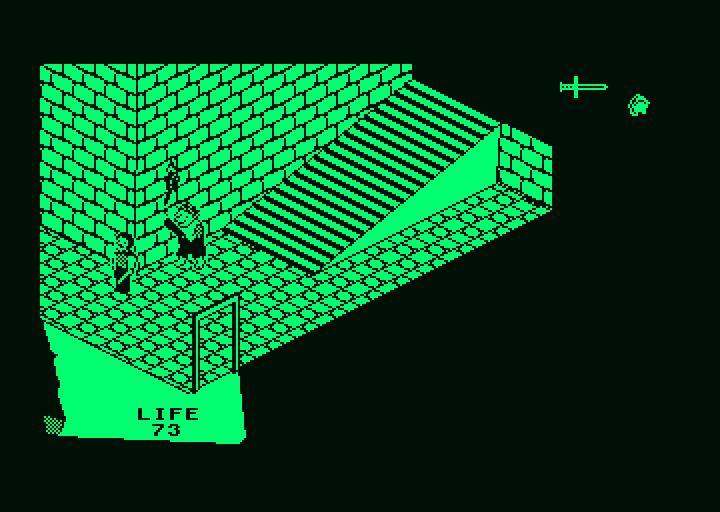 Fairlight (Amstrad PCW) screenshot: Running away from the guy with the club