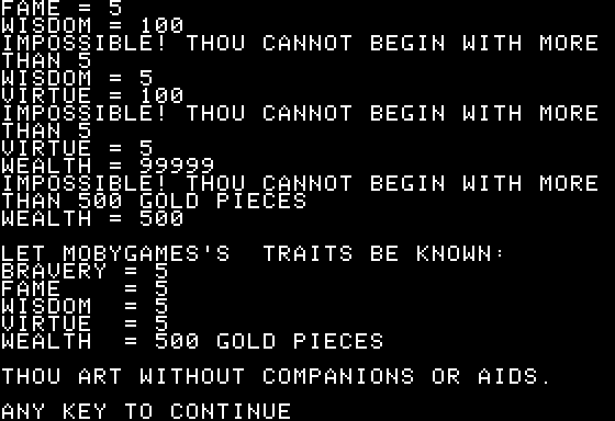 The Quest for the Holy Grail (Apple II) screenshot: My Starting Statistics