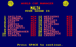 World Cup Soccer (Amstrad CPC) screenshot: Your Squad.