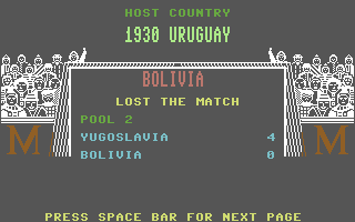 World Cup Soccer (Commodore 64) screenshot: Poor Bolivia.