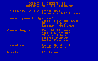 King's Quest II: Romancing the Throne (DOS) screenshot: Credits (CGA w/RGB Monitor)
