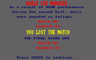 World Cup Soccer (Amstrad CPC) screenshot: Bad result.