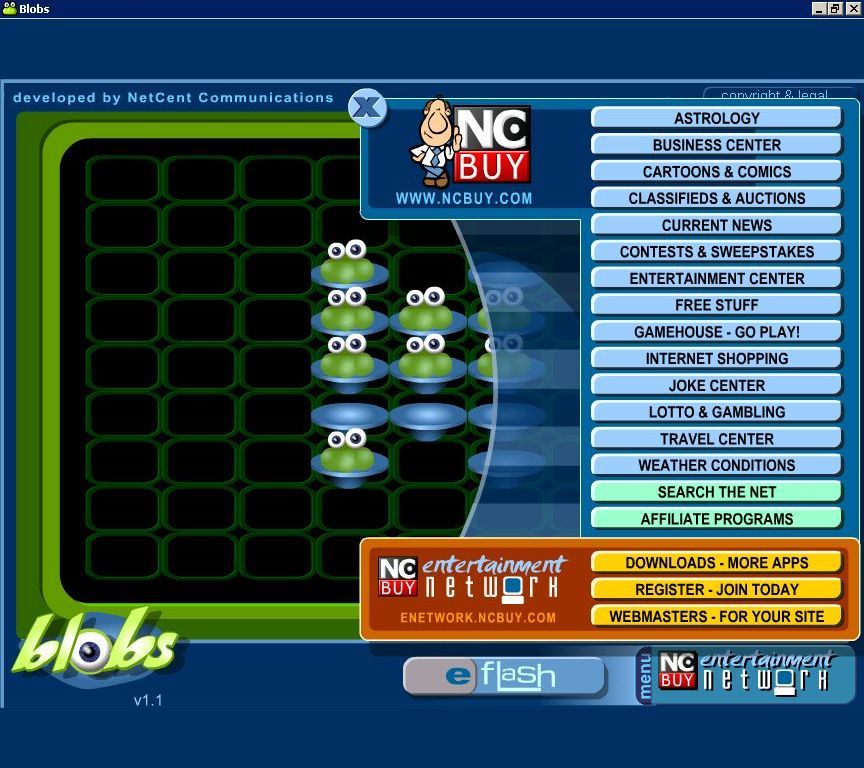 Blobs (Windows) screenshot: The purpose of this freeware game is to get the parent company'e services and products in front of a wider audience