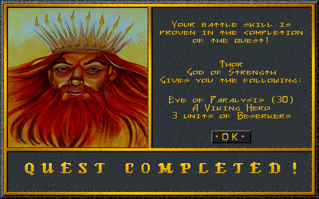 Hammer of the Gods (DOS) screenshot: Rewards for completing a quest usually mean magic items and special warriors.