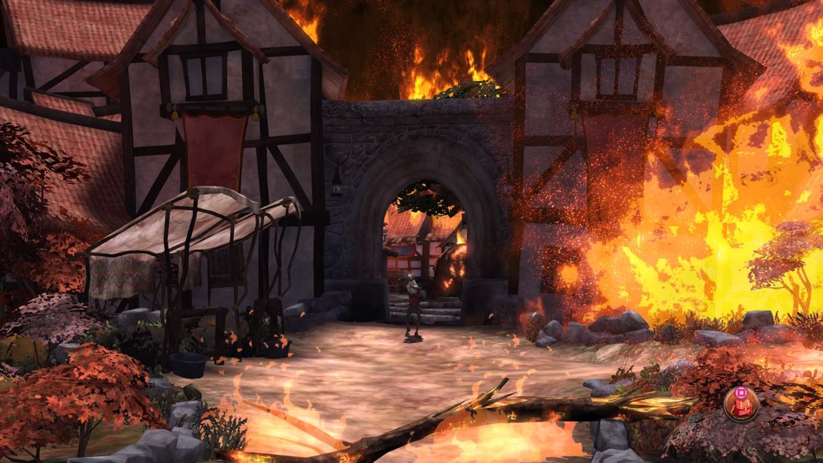 King's Quest: Chapter V - The Good Knight (PlayStation 4) screenshot: The town is engulfed in fire