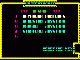 Rescue (ZX Spectrum) screenshot: Title screen builds up from text squirted in from the edge
