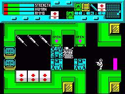 Rescue (ZX Spectrum) screenshot: Alien has broken through one door here and is busy damaging the next, to get at your medical supplies. While they're attached and destroying something they can't see you.