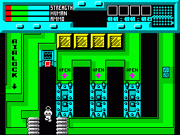 Rescue (ZX Spectrum) screenshot: Airlock entrance near the spaceship. You'll need all 3 of those steel doors for protection...
