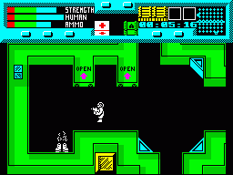Rescue (ZX Spectrum) screenshot: Smoking boots are all that remain of this dead scientist. His protective doors both taken off at the hinges by the aliens