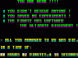 Rescue (ZX Spectrum) screenshot: Report screen after 'Game Over', showing achievements ( or lack thereof )