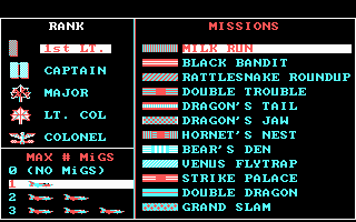 Falcon (DOS) screenshot: Selecting a mission (CGA)