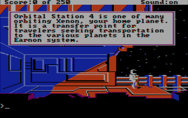 Space Quest II: Chapter II - Vohaul's Revenge (DOS) screenshot: Start of the game (CGA w/Composite Monitor)