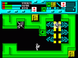 Rescue (ZX Spectrum) screenshot: Bullet-proof tank beaming in, which is also blocking the passage. Note broken syringe for medi-station destroyed by aliens to stop you healing as easily.