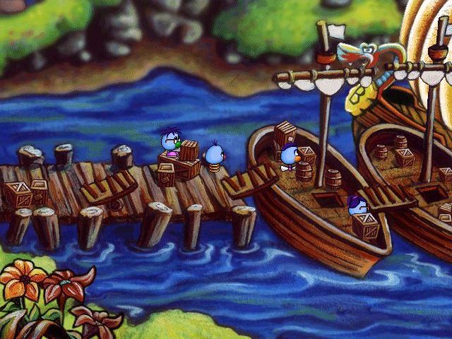 Logical Journey of the Zoombinis (Windows) screenshot: There's a lengthy animated intro which explains that the Zoombinis were doing very nicely for themselves until the Bloats arrived promising to increase trade links and boost profits