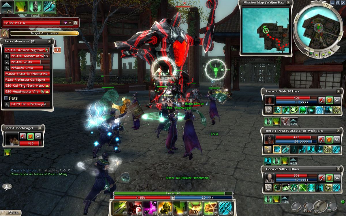 Guild Wars: Factions (Windows) screenshot: Attacking the new acquisition of the Jade Brotherhood for their fight against the Am Fah - the elementalist golem boss P.O.X. - while masked as Jade Brotherhood followers.