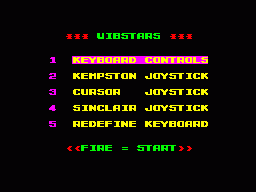 Wibstars (ZX Spectrum) screenshot: Controls / front end screen