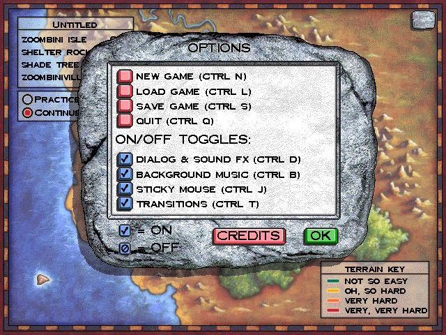 Logical Journey of the Zoombinis (Windows) screenshot: The in game action keys and configuration options