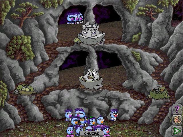 Logical Journey of the Zoombinis (Windows) screenshot: The Stone Cold Caves. <br>As with the earlier Allergic Cliffs what one guard rejects the other accepts. This is tougher and there are two routes out of the screen