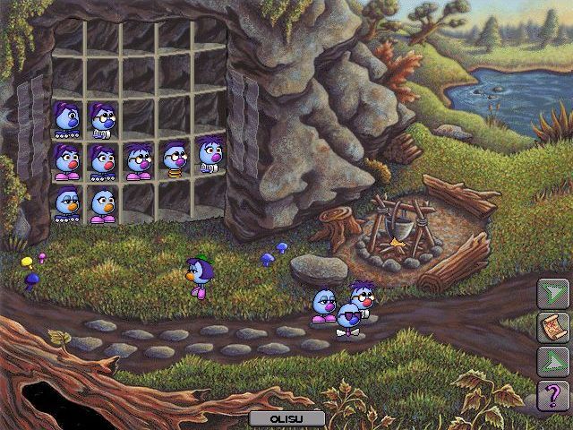 Logical Journey of the Zoombinis (Windows) screenshot: Shelter Rock<br>This is a roadblock in the game as the player needs 16 Zoombinis to proceed. Three have been lost so the player must store this batch, return to the start and get more