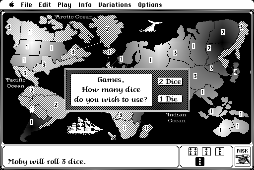 The Computer Edition of Risk: The World Conquest Game (Macintosh) screenshot: Dice rolls for win/loss