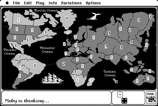 The Computer Edition of Risk: The World Conquest Game (Macintosh) screenshot: Moby's thinking....