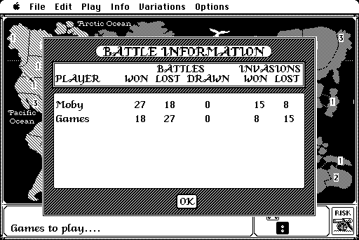 The Computer Edition of Risk: The World Conquest Game (Macintosh) screenshot: Battle info