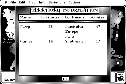 The Computer Edition of Risk: The World Conquest Game (Macintosh) screenshot: Territory info