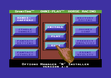 Omni-Play Horse Racing (Commodore 64) screenshot: Options manager.