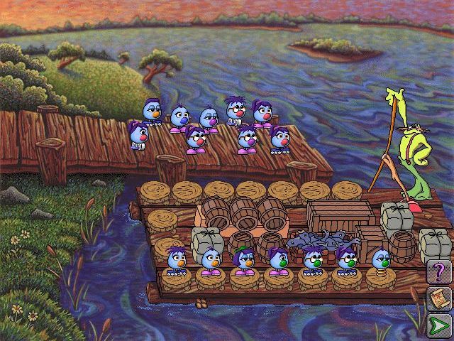 Logical Journey of the Zoombinis (Windows) screenshot: Captain Cajun's Ferry<br> The player must place all Zoombinis onto the boat such that each Zoombini has something in common with their neighbour