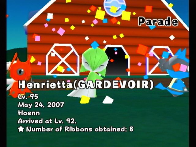 My Pokémon Ranch (Wii) screenshot: Parade mode lets you see some stats on your pokemon, no battle stats for this friendly ranch.