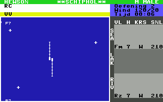 Heathrow International Air Traffic Control (Commodore 64) screenshot: Oefening 2: Luchtruimtebeperking; You now work with different types of aircraft and you're limited to the use of certain areas. Keep the aircraft within radar range at all times! (Schiphol MCN)