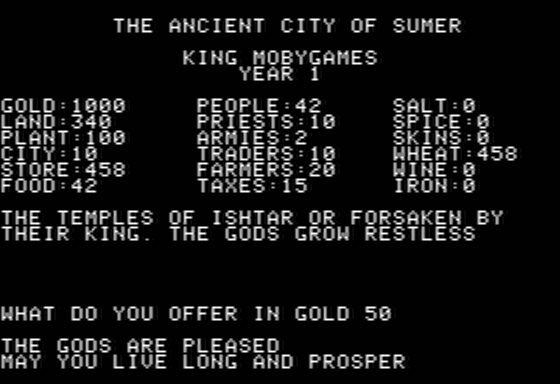 Sumer 4000 BC (Apple II) screenshot: Paying Money to the Gods