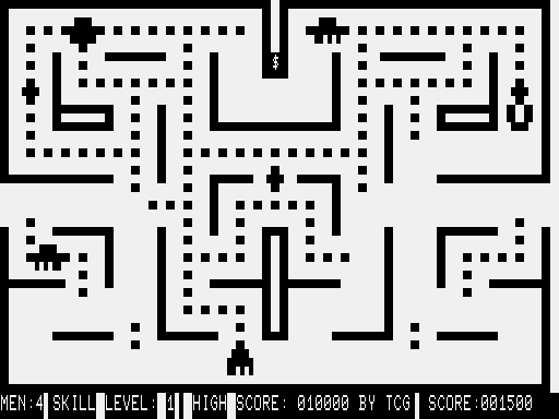 Scarfman (TRS-80) screenshot: Any time you eat a plus symbol and monster during bonus the screen inverts