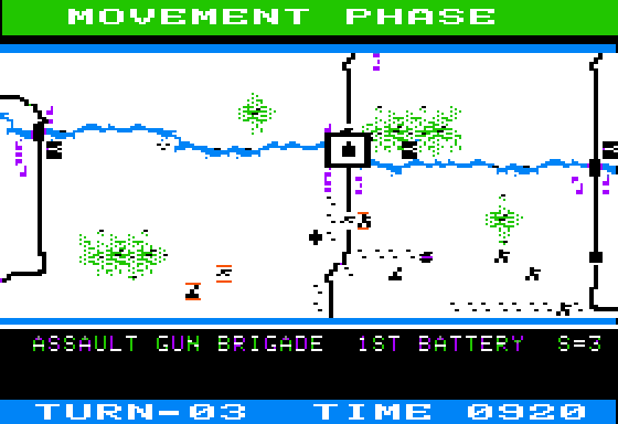 Panzer Grenadier (Apple II) screenshot: Moving troops into 3 groups advancing on each bridge