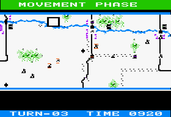 Panzer Grenadier (Apple II) screenshot: Turn 3 and we have reached bridge center and bridge right
