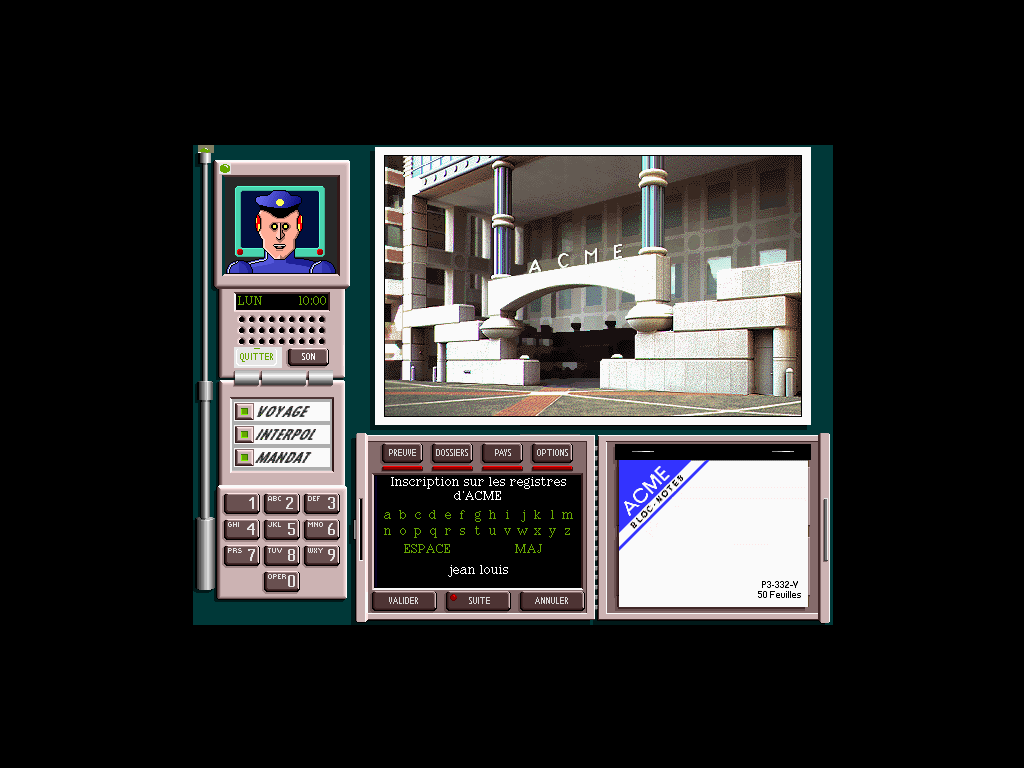 Where in the World is Carmen Sandiego? (CD-ROM) (Windows 16-bit) screenshot: Register first, as rookie detective, in the ACME PI Agency (French)