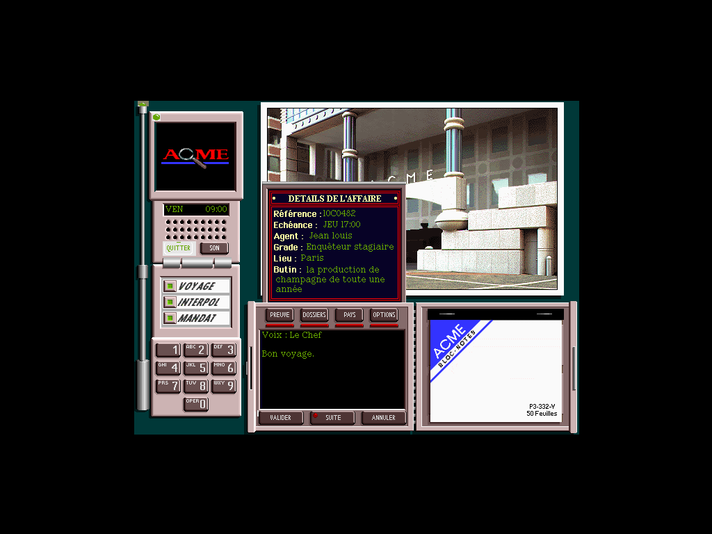 Where in the World is Carmen Sandiego? (CD-ROM) (Windows 16-bit) screenshot: Your first case: all the champagne bottles have been stolen in Paris, go to France to see what really happened (French)