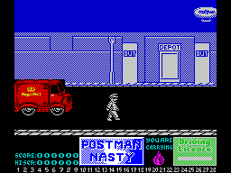 Mailstrom (ZX Spectrum) screenshot: Got the bomb - now to use it. Postman Nasty cannot walk off the edge of the screen so he must drive his car