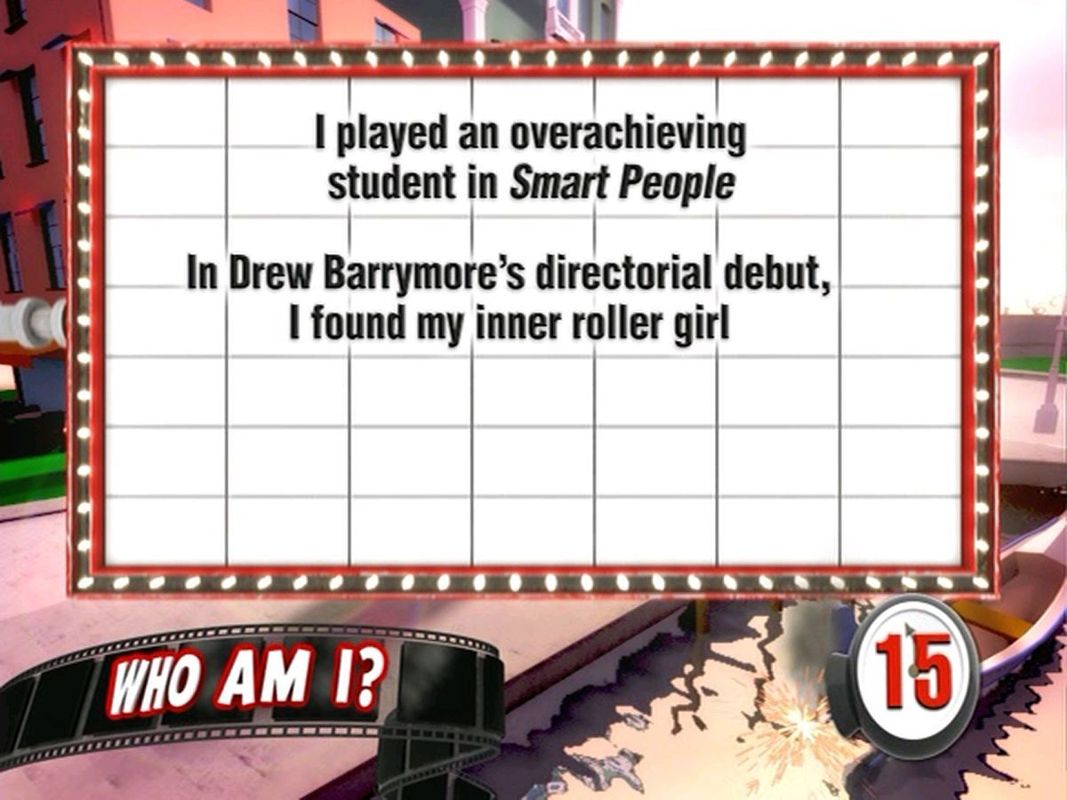 Scene It?: Comedy Movies (DVD Player) screenshot: An example of a 'Who Am I?' question. This is from the Party mode and it is timed. There are four clues in all