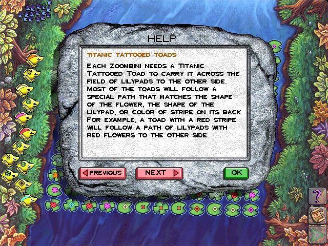 Logical Journey of the Zoombinis (Windows) screenshot: Titanic Tattooed Toads<br>The toads will carry the Zoombinis across the river if matched with the right route. Not all toads can cross so it's possible to lose Zoombinis here
