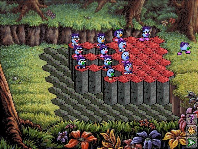 Logical Journey of the Zoombinis (Windows) screenshot: Stone Rise<br>By positioning the Zoombinis so that adjacent pairs have something in common, as specified by the marks on the grey stones, the lift is triggered and they can move on