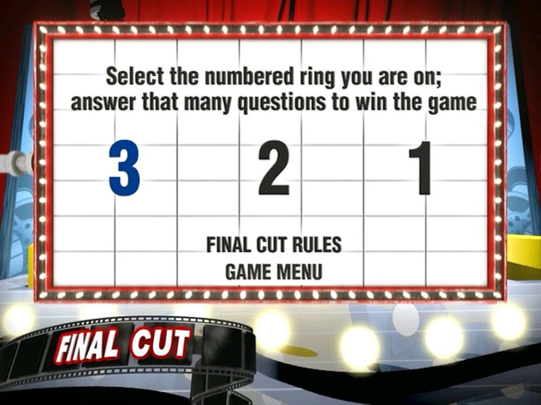 Scene It?: Comedy Movies (DVD Player) screenshot: When a player gets all the way round the board and enters the 'Final Cut' area they are just three questions away from victory