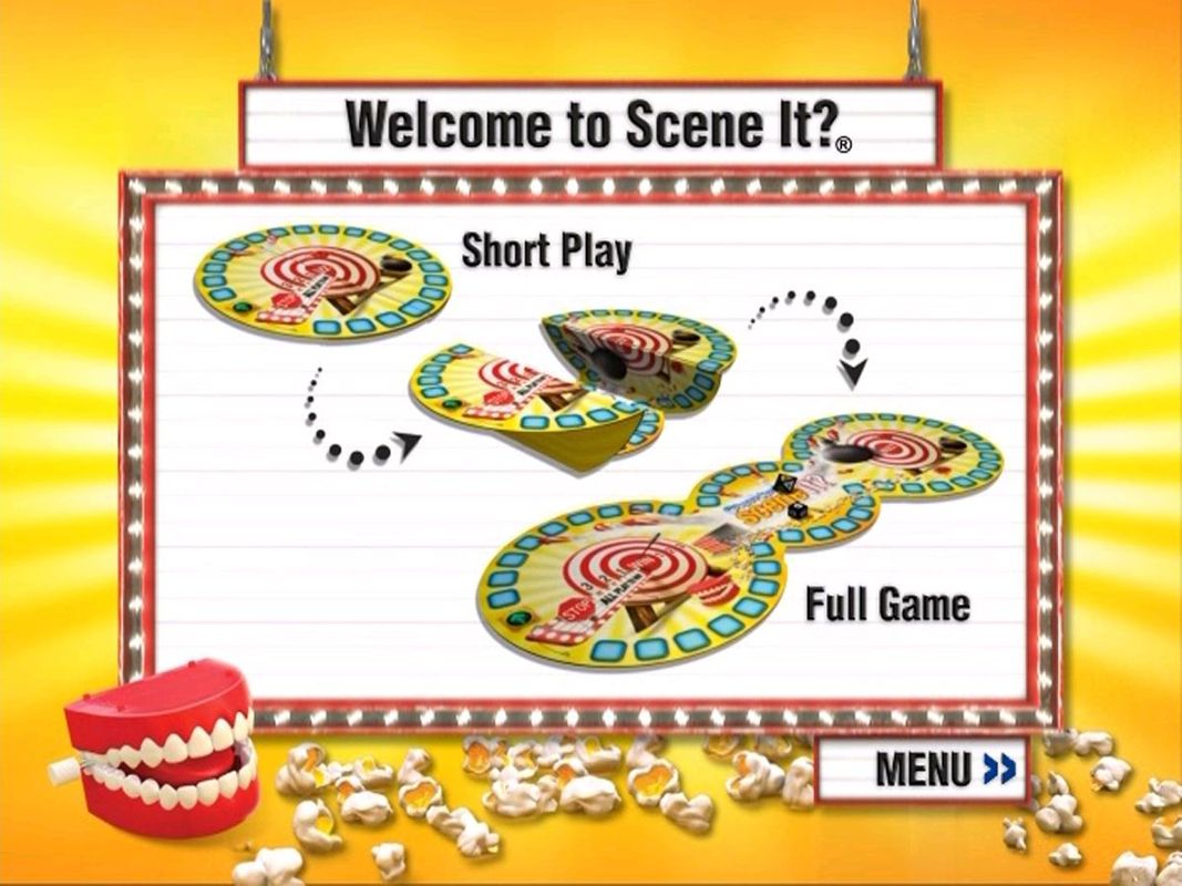 Scene It?: Comedy Movies (DVD Player) screenshot: The 'How To Play' instructions start with the flex-time game board. There are several simple screens all containing still pictures and text read by an invisible presenter